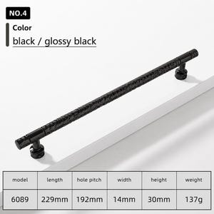 May include: A glossy black cabinet handle with a textured, hammered surface. The handle is model 6089, measuring 229mm in length, 14mm in width, and 30mm in height, with a 192mm hole pitch and a weight of 137g. The text NO.4 and black / glossy black appear.