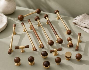 Retro Walnut Brass Cabinet Hardware, Mid-Century Japandi Drawer Pulls & Knobs