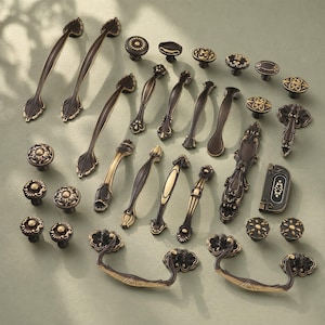 Antique Brass Cabinet Knob and Pull Handles, Vintage Drawer Pulls, Dresser Wardrobe Door Hardware