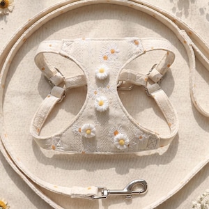 May include: A cream-colored pet harness and matching leash set featuring an embroidered daisy pattern with white petals and yellow centers. The harness includes adjustable straps and metal hardware, while the leash has a silver metal clasp.