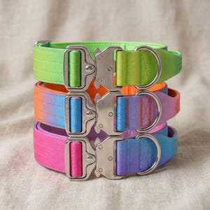 Op de afbeelding: Een stapel van drie nylon hondenhalsbanden met levendige kleurverlopen. Elke halsband is voorzien van een stevige zilverkleurige metalen snelsluiting en een D-ring. De kleuren verlopen van limoengroen naar oranje, blauw naar roze en roze naar paars.