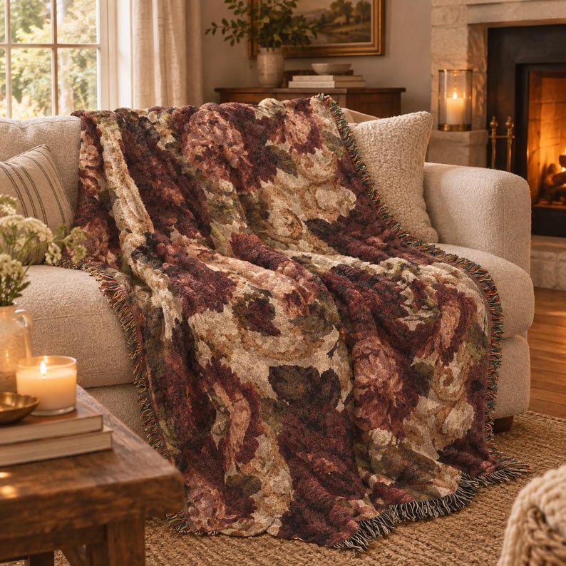 Merlot Rose Color Vintage Merlot Rose Woven Throw Blanket | Wine Burgundy Peony Tapestry ...