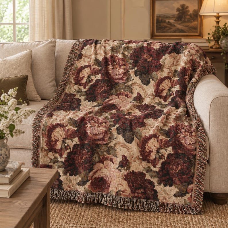 Merlot Rose Color Vintage Merlot Rose Woven Throw Blanket | Wine Burgundy Peony Tapestry ...