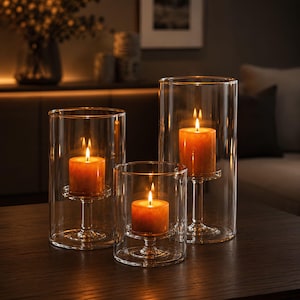 Portavelas de cristal para velas pequeñas / Color ámbar y cristal transparente / Soporte minimalista para velas / Decoración de mesa moderna / Regalo acogedor para el hogar