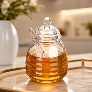 Könnte beinhalten: Ein transparenter Honigtopf aus Glas mit gerippter, bienenstockartiger Form, inklusive passendem Glasdeckel mit kleinem Knaufgriff und einem darin ruhenden Honiglöffel aus Glas. Der Behälter ist mit goldenem, bernsteinfarbenem Honig gefüllt.