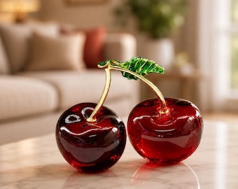 Pair of Cherries Glass Paperweight Ornaments, Crystal Red Cherry Fruit Decor, Unique Glass Home Office Ornament Decor, Glass Kitchen Fruits