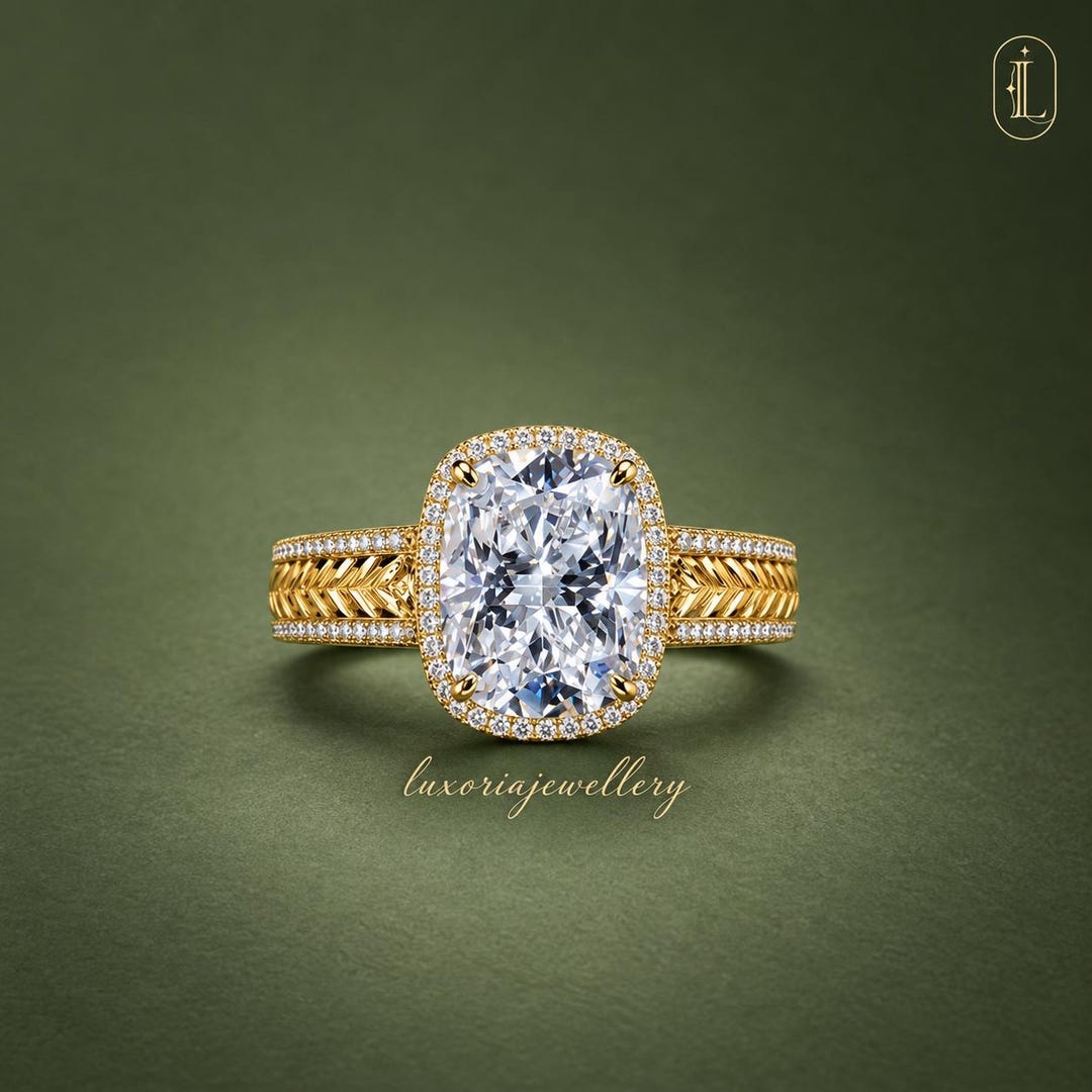 3 CT Cushion Cut Moissanite Diamond Engagement Ring, 14K Gold Halo Ring 3 CT Cushion Cut Moissanite Diamond Engagement Ring, 14K Gold Halo Ring