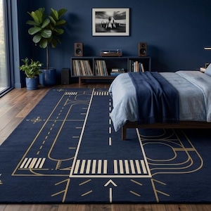 Modern Navy Blue Gold Geometric Area Rug, Luxury Road Map Inspired Carpet, Contemporary Handmade Rug, Statement Living Room Decor