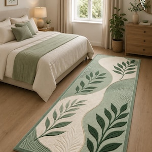 May include: A rectangular area rug featuring a sage green and cream color palette with a wavy, abstract design. The rug displays raised, textured leaf motifs in dark green and light green, complemented by subtle, swirling line patterns.