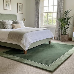 Hand Tufted Green Wool Area Rug, Minimalist Border Rug, Modern Luxury Living Room Carpet, Custom Handmade by Khalid Rugs