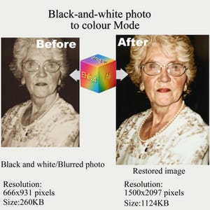 May include: A comparison graphic showing a black-and-white photo of a person with glasses and a pearl necklace labeled Before, and a color-restored version labeled After. A central cube displays the text Image, Ehihas, and Ai between the two photos.