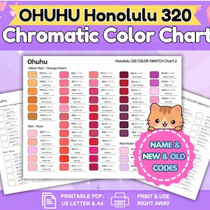 Könnte beinhalten: Die Ohuhu Honolulu 320 chromatische Farbkarte zeigt organisierte Farbfelder mit Codes und Namen. Sie enthält Abschnitte für Gelb-Rot, Orange-Pfirsich, Rot und Rosatöne. Eine Cartoon-Katzen-Grafik erscheint mit dem Text NAME & NEW & OLD CODES.