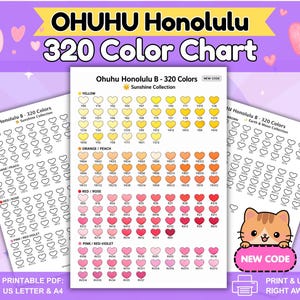 May include: A printable Ohuhu Honolulu 320 Color Chart featuring rows of heart-shaped icons organized by color families like yellow, orange, peach, red, rose, and pink. The document includes text labels for collections and codes, with a cartoon cat graphic.
