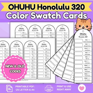 May include: Ohuhu Honolulu 320 Color Swatch Cards featuring printable sheets with arched labels, blank rectangular spaces for color testing, and text including color names and codes. A cartoon cat illustration sits atop one card.