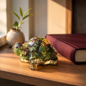 May include: A clear resin turtle figurine featuring embedded green foliage, small pink flower petals, and gold leaf flakes throughout its body and shell. The turtle is depicted in a walking position with a smooth, glossy finish and visible internal details.