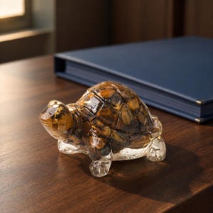 Op de afbeelding: Een klein schildpadbeeldje gemaakt van helder glas met een schild waarin bruine en amberkleurige steenfragmenten zijn verwerkt. De kop en poten zijn van transparant glas, terwijl het schild een getextureerd en veelkleurig uiterlijk heeft.