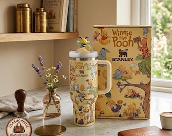 Custom Laser Engraved Winnie the Pooh Stanley Tumbler 40oz, Laser Printed Design, Custom Name Engraving, Gift Box Set