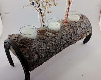 Rustic Horseshoe Log Candle Holder, Wooden Table Centerpiece with Glass Vase, Ash Wood Tealight Decor