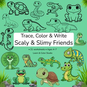 May include: A collection of cartoon reptiles and amphibians on a light green background. The central white rectangular label features the text Trace, Color & Write Scaly & Slimy Friends, 21 worksheets, Ages 4-7, and Learn & Color Studio.