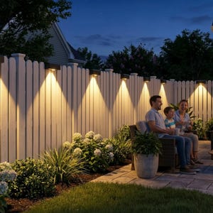 May include: A series of black rectangular outdoor wall lights mounted on a white picket fence, casting warm, downward-facing beams of light against the vertical slats, illuminating the garden area at night with a soft, golden glow.