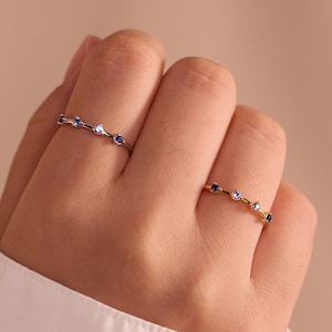 Ombre Blue Zircon Ring, Dainty Stacking Ring, Minimalist Gold Band, Gradient Blue Stone Ring, Lovers Gift Ring for GF, December Birthstone