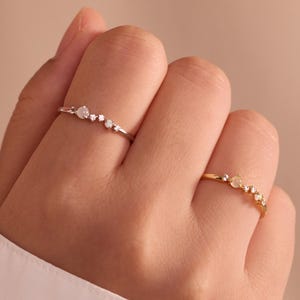 Moonstone and Opal Ring, Dainty Stacking Cluster Ring in Sterling Silver and 14K Gold Plated, Asymmetrical Art Deco Birthstone Gift for Her