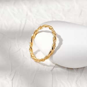 Dainty Braided Ring Women, S925 Silver Twisted Infinity Knot Band, Pave Cubic Zirconia Stackable Ring, Unique Minimalist Gift for Her