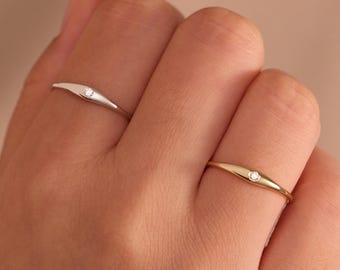 Minimalist Flush Set Solitaire Ring, Dainty Sterling Silver Stackable Dome Band, Everyday Promise Gift