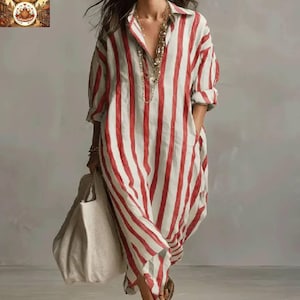 Sommer Gestreiftes Leinen Kaftan Kleid Übergroße Strand Cover Up Mit Taschen