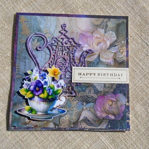 Handmade Birthday Card: Teapot Die Cut, Floral Design