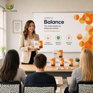 May include: Unicity Balance dietary supplement boxes and individual packets featuring a white and orange circular pattern. The packaging displays the text Balance, The smart solution to balanced nutrition, and Natural Orange Flavor in clear font.