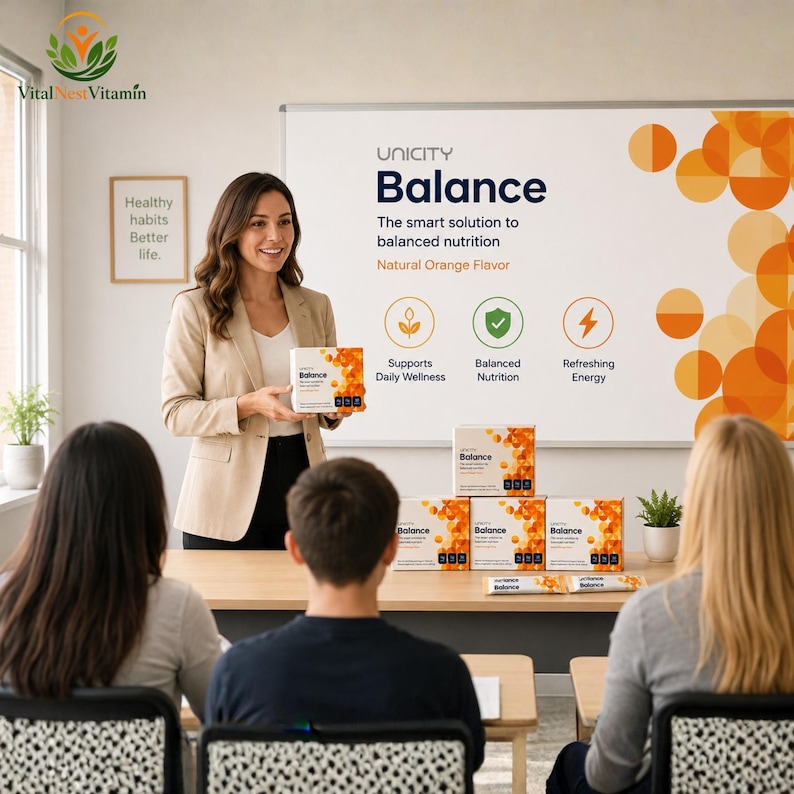 May include: Unicity Balance dietary supplement boxes and individual packets featuring a white and orange circular pattern. The packaging displays the text Balance, The smart solution to balanced nutrition, and Natural Orange Flavor in clear font.