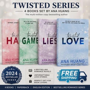 May include: A four-book set of the Twisted Series by Ana Huang, featuring paperback novels titled Twisted Hate, Twisted Game, Twisted Lies, and Twisted Love. Each book has a distinct pastel cover with unique text and thematic graphic elements.