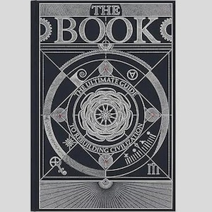 May include: A black hardcover book with white line art on the cover. The text reads THE BOOK THE ULTIMATE GUIDE TO REBUILDING CIVILIZATION. The design features a central floral mandala, geometric shapes, gear motifs, and various technical symbols.