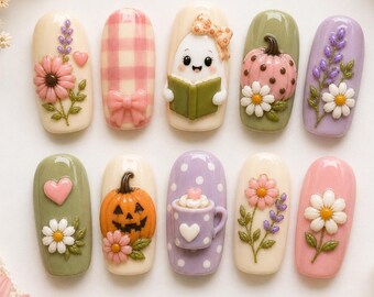 Cottagecore Holy Ghost Wildflower Nails, 3D Christian Halloween Fall Nails, Ain’t No Ghost Like Holy Ghost Nails, Girly Floral Vintage Nails