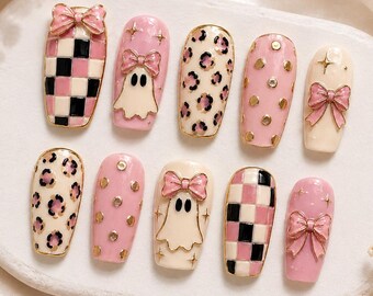 Girly Ghost Summerween Nails, Glam Ghost Preppy Halloween Nails, Retro Fall Spooky Coquette Nails, Leopard Coffee Girly Spooky Season Nails