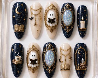 Spooky Ghost Reading Books Halloween Press On Nails, Gothic Celestial Nail Set, Black Gold Moon Stars Haunted Library Book Lover 3D Nails