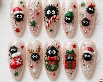 Christmas Press On Nails, Cute Fluffy Spirit Nails, Holiday Nail Art, 3D Festive Glitter Almond Nails Box, Kawaii Winter Gift for Her 2026