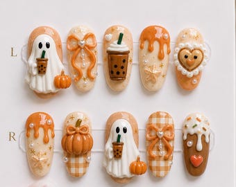 Kawaii Ghost Coffee Press On Nails, Cute Pumpkin Coquette Fake Nails | Handmade 3D Autumn Halloween Nails, Iced Coffee Lover Almond 3D Nails