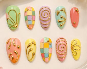 Pastel Gold Swirl Press On Nails, Colorful Abstract Nails, 3D Gold Chrome Nail Art, Summer Almond Nails, Handmade Cute Nail Set