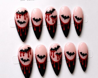 Halloween Red Bat Drip Gothic Nail Set, Blood Drip Bat Press On Nails, Gothic Vampire Red Blood Black French Tip, Spooky Reusable Nails