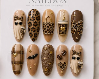 Leopard Ghost Coffee Press On Nails, 3D Ghost Nails, Leopard Bow Nails, Coffee Lover Nails, Gold Accent Fall Nails, Girly Halloween Manicure
