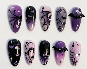 Gothic Bat Press On Nails, Ghost Bat Pumpkin Spiderweb, Dark Cottagecore Nail Set, Spooky Cute Halloween Nails, Cute ghost stick on nails