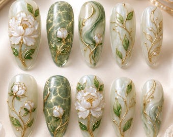 Sage Green Marble Press On Nails, 3D White Peony Floral Nails, Luxury Botanical Gold Leaf Nails, Elegant Handmade Press On Nails