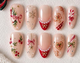 Christmas Press On Nails, Gingerbread Nails, Candy Cane Nail Art, Red Bow Nails, Holly Berry Nails, Pearl French Tip, Holiday Nails