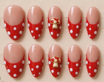 Mushroom Press On Nails, Red Polka Dot Nails, 3D Mushroom Nails, Gold Accent Nails, Cottagecore Nails, Medium Almond Press Ons