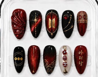 Concert Red Gold Korean Inspired Press On Nails, K-pop Fan Edition Nails, 3D Chrome Nail Art, Kpop Fan Gift Press Ons Style Reusable Nails