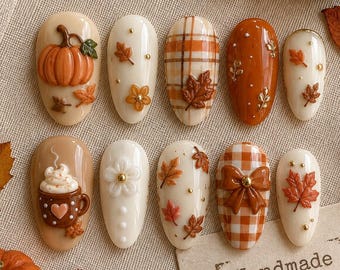 Fall Pumpkin Press On Nails, Autumn Plaid Bow Nails, 3D Maple Leaf Nails, Cozy Coffee Nails, Cute Fall Press On Nails, Handmade Gift