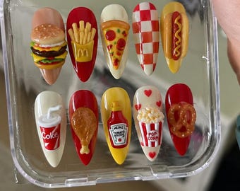 3D Fast Food Press On Nails, Burger Fries Pizza Hot Dog Nail Art, Long Almond Glossy American Food Nails, Cute Food Nails Gift
