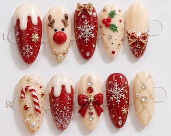 Handmade Christmas Reindeer Press On Nails | Poinsettia Flowers, Gold Bows & Snowflakes | Nails For Elegant Festive Vibes gift for her